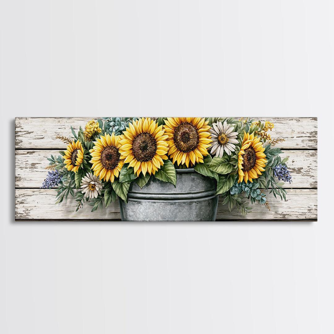 Sunflowers in a Metal Bucket Canvas Print, Rustic Art, Home Decor, Farmhouse Decor, Oil Painting, Rustic, Living Room Decor, RUS-3x1-76