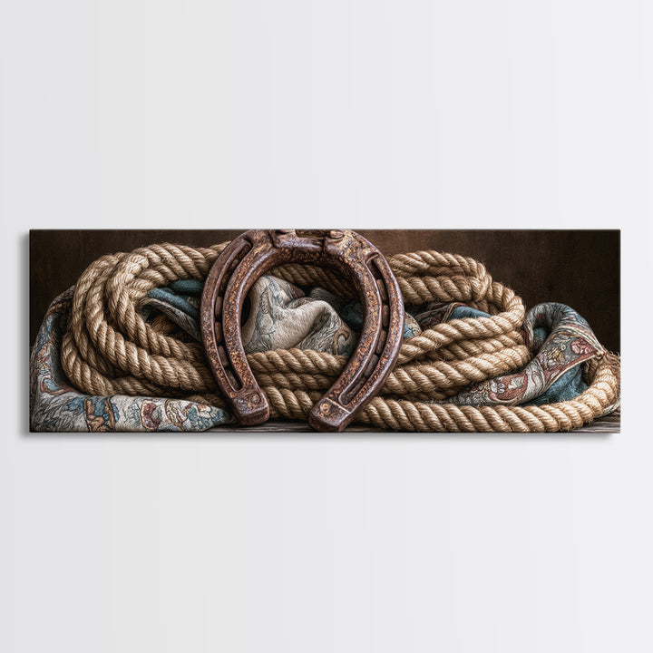 Rusty Horseshoe and Rope Composition Framed Canvas Print, Rustic Art, Modern Art, Farmhouse Decor, Rustic, Neutral Decor, RUS-3x1-77