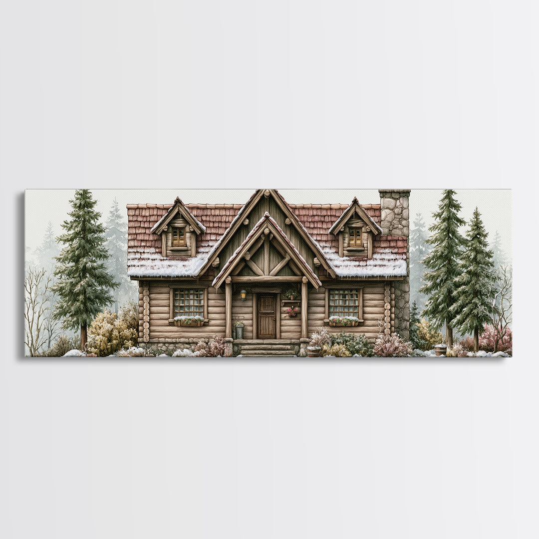 Log Cabin with Snowy Pines Framed Canvas Print, Rustic Art, Printable Art, Farmhouse Decor, Oil Painting, Rustic, RUS-3x1-79