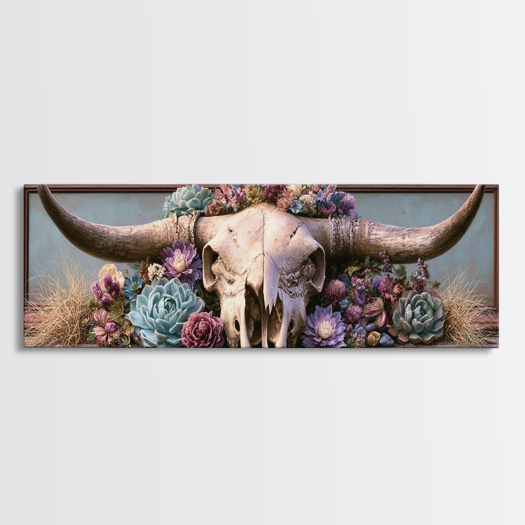 Cow Skull with Desert Flowers Framed Canvas Print, Rustic Art, Landscape Painting, Farmhouse Decor, Watercolor Art, Rustic, RUS-3x1-81
