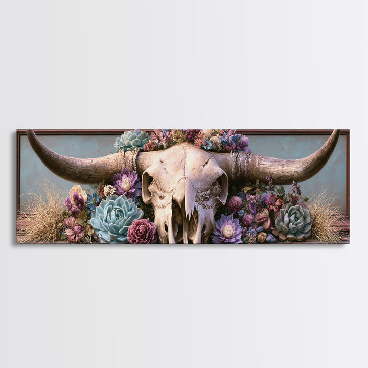 Cow Skull with Desert Flowers Framed Canvas Print, Rustic Art, Landscape Painting, Farmhouse Decor, Watercolor Art, Rustic, RUS-3x1-81