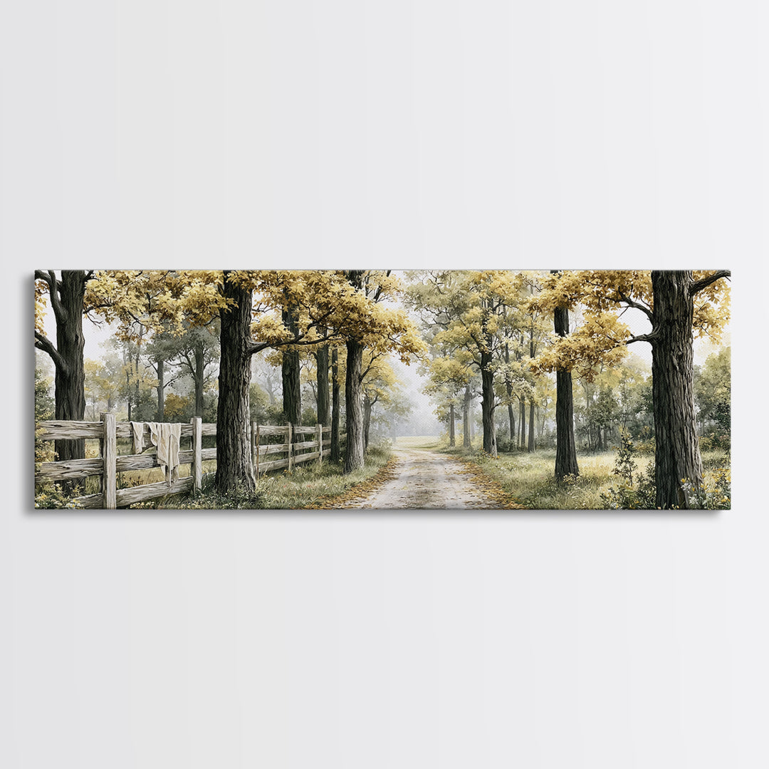 Forest Path with Golden Autumn Leaves Framed Canvas Print, Rustic Art, Farmhouse Decor, Oil Painting, Rustic, Gallery Wall Art, RUS-3x1-82