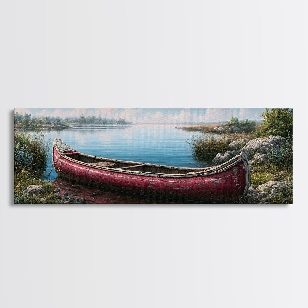 Old Canoe Pulled Onto a Lake Shore Framed Canvas Print, Rustic Art, Painting, Farmhouse Decor, Fine Art, Rustic, Boho Wall Art, RUS-3x1-84