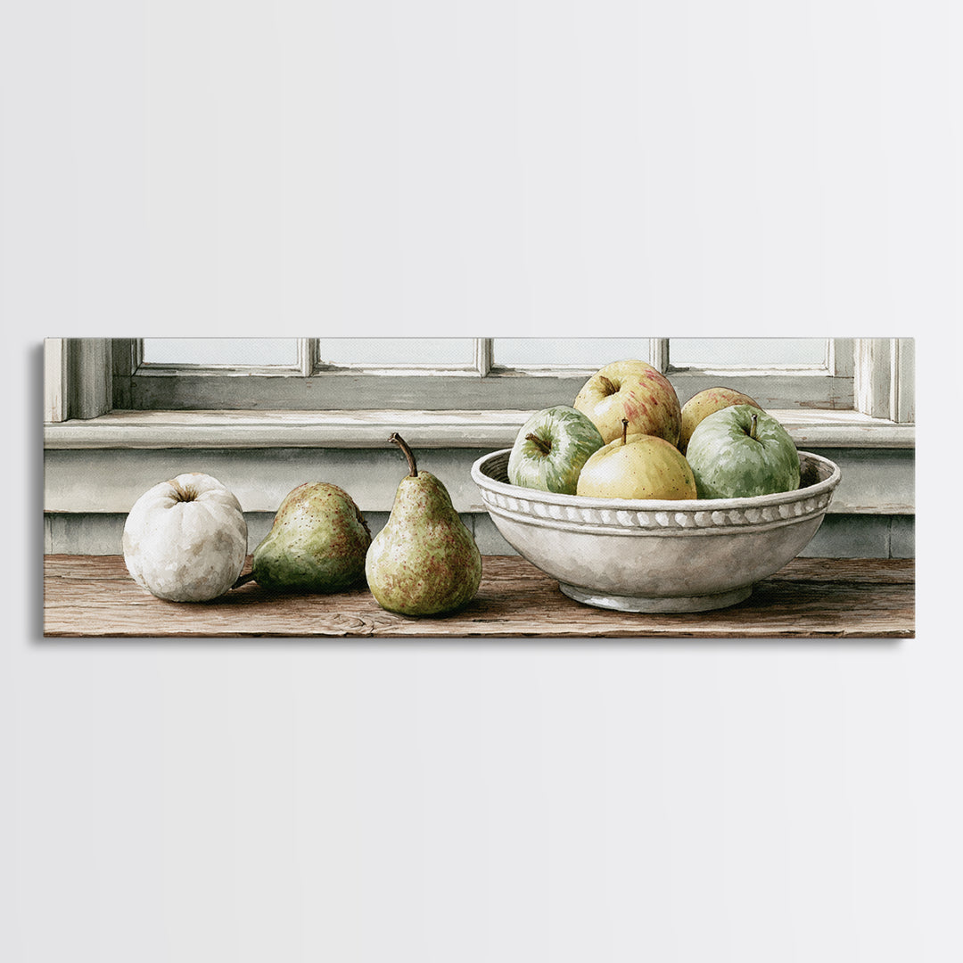 Rustic Pear and Apple Still Life Canvas Print, Rustic Art, Eclectic Wall Art, Farmhouse Decor, Oil Painting, Rustic, RUS-3x1-85