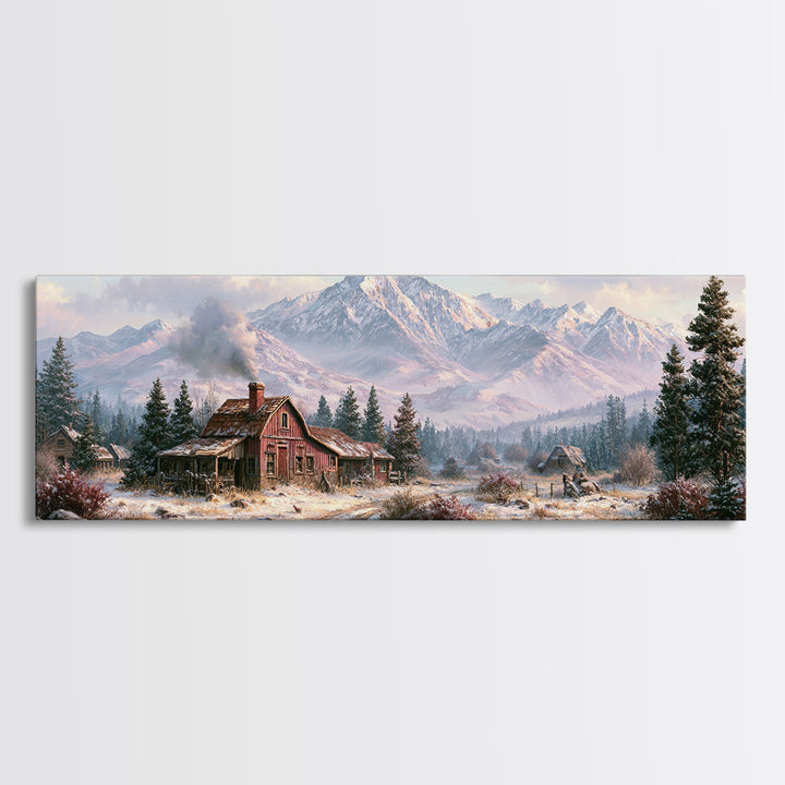 Winter Mountain Scene Framed Canvas Print, Rustic Art, Printable Wall Art, Farmhouse Decor, Watercolor Art, Rustic, Wood Art, RUS-3x1-87