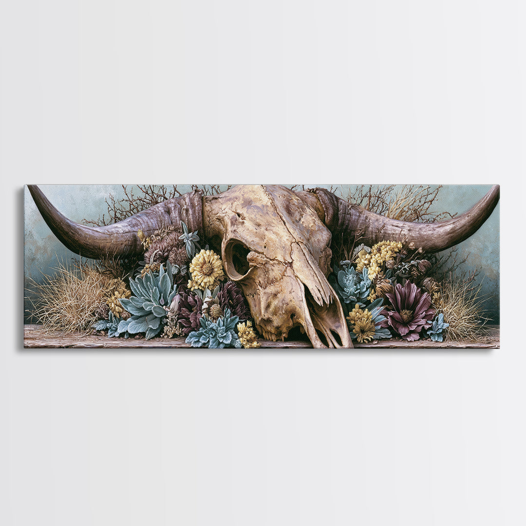 Cow Skull with Desert Flowers Framed Canvas Print, Rustic Art, Wood Wall Art, Farmhouse Decor, Rustic, Eclectic Wall Art, RUS-3x1-9
