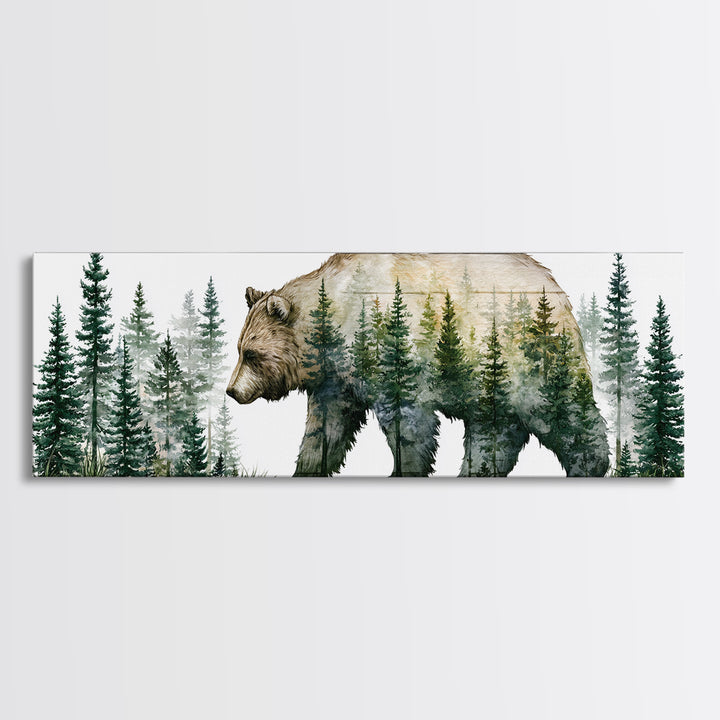 Bear Silhouette Among Pine Trees Canvas Print, Rustic Art, Textured Painting, Farmhouse Decor, Oil Painting, Rustic, RUS-3x1-95
