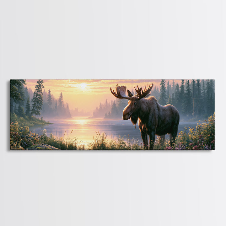 Moose Standing by a Quiet Lake Canvas Print, Rustic Art, Gallery Decor, Farmhouse Decor, Fine Art, Rustic, Contemporary Art, RUS-3x1-97