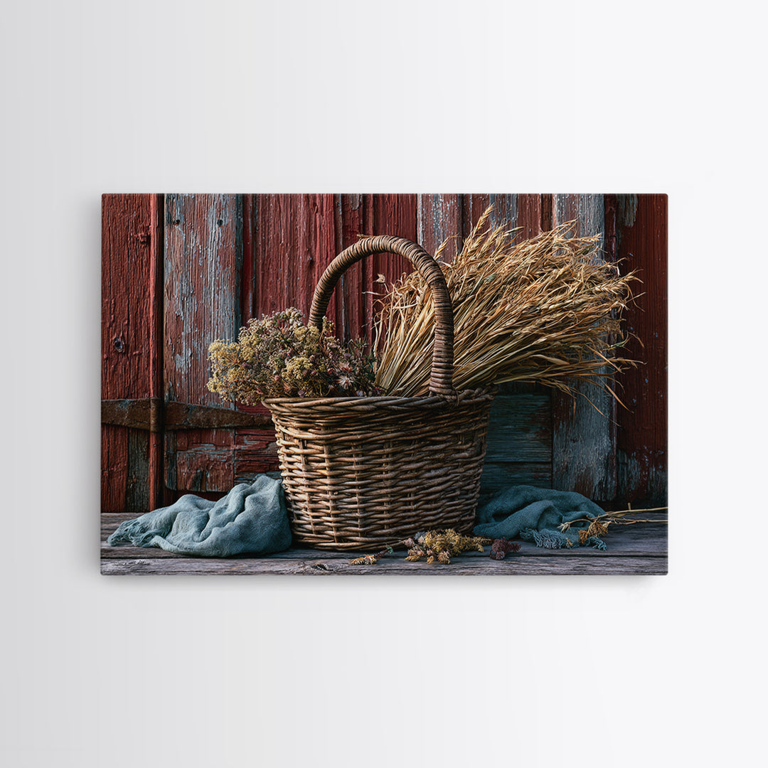 Handwoven Basket with Dried Grasses Framed Canvas Print, Rustic Art, Modern Decor, Farmhouse Decor, Oil Painting, Rustic, RUS-3x2-100