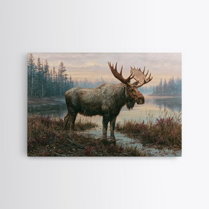 Moose Standing by a Quiet Lake Framed Canvas Print, Rustic Art, Boho Wall Art, Farmhouse Decor, Rustic, Downloadable Art, RUS-3x2-13