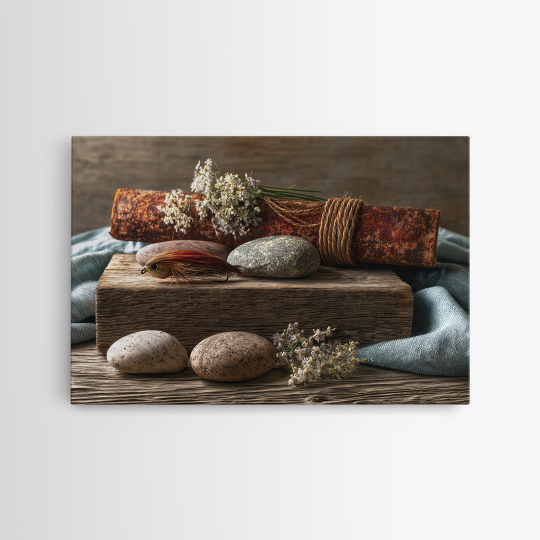 Trout Fishing Lure and River Stones Framed Canvas Print, Rustic Art, Oil Painting, Farmhouse Decor, Fine Art, Rustic, RUS-3x2-18