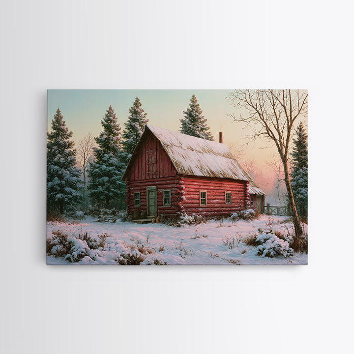 Log Cabin with Snowy Pines Framed Canvas Print, Rustic Art, Farmhouse Wall Art, Farmhouse Decor, Rustic, Statement Artwork, RUS-3x2-19