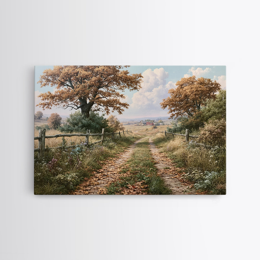 Forest Path with Golden Autumn Leaves Canvas Print, Rustic Art, Digital Print, Farmhouse Decor, Rustic, Landscape Painting, RUS-3x2-22