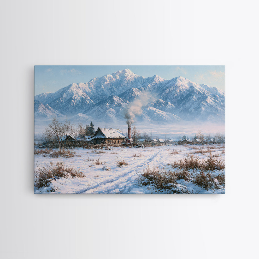 Winter Mountain Scene Framed Canvas Print, Rustic Art, Wood Art, Farmhouse Decor, Fine Art, Rustic, Wall Decor, Neutral Decor, RUS-3x2-27