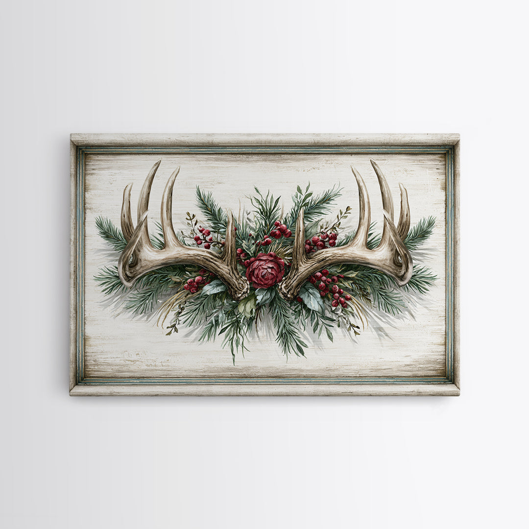 Deer Antlers with Pine Branches and Berries Canvas Print, Rustic Art, 3d Wall Art, Farmhouse Decor, Oil Painting, Rustic, RUS-3x2-30