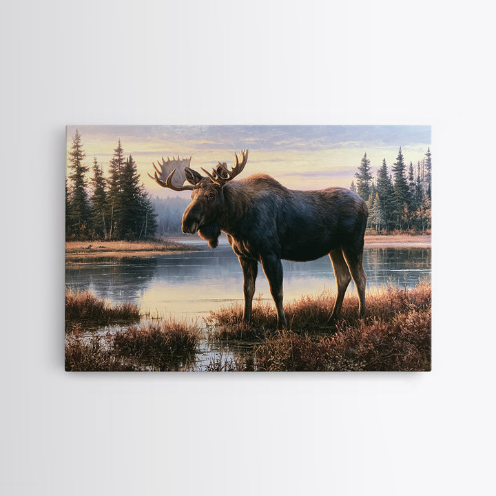 Moose Standing by a Quiet Lake Canvas Print, Rustic Art, Landscape Painting, Farmhouse Decor, Fine Art, Rustic, Modern Decor, RUS-3x2-37