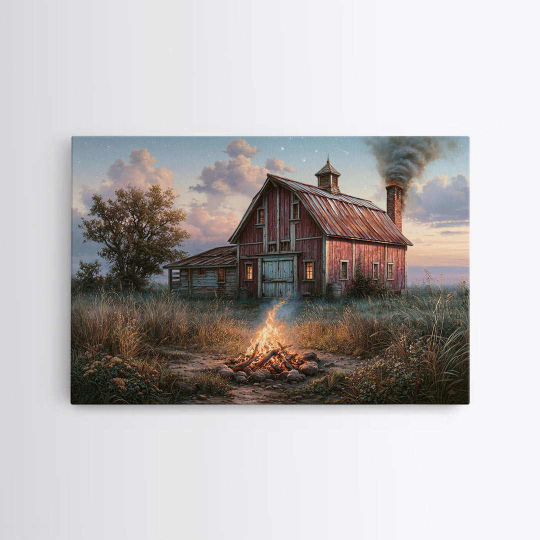 Campfire under a Starry Sky Canvas Print, Rustic Art, Farmhouse Decor, Fine Art, Rustic, Gallery Wall Art, Landscape Wall Art, RUS-3x2-38
