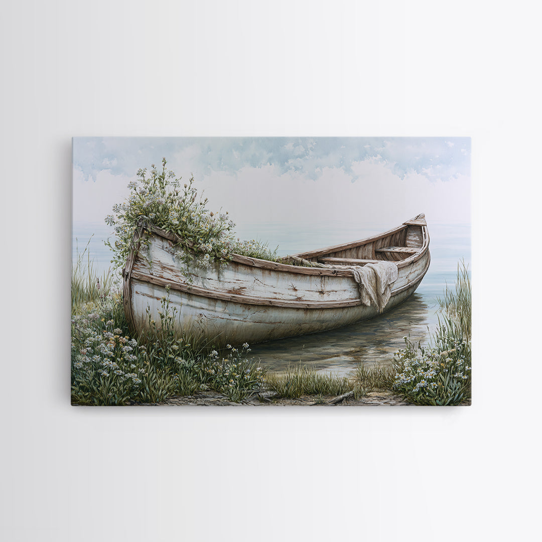 Old Canoe Pulled Onto a Lake Shore Canvas Print, Rustic Art, Landscape Painting, Farmhouse Decor, Rustic, Modern Decor, RUS-3x2-48