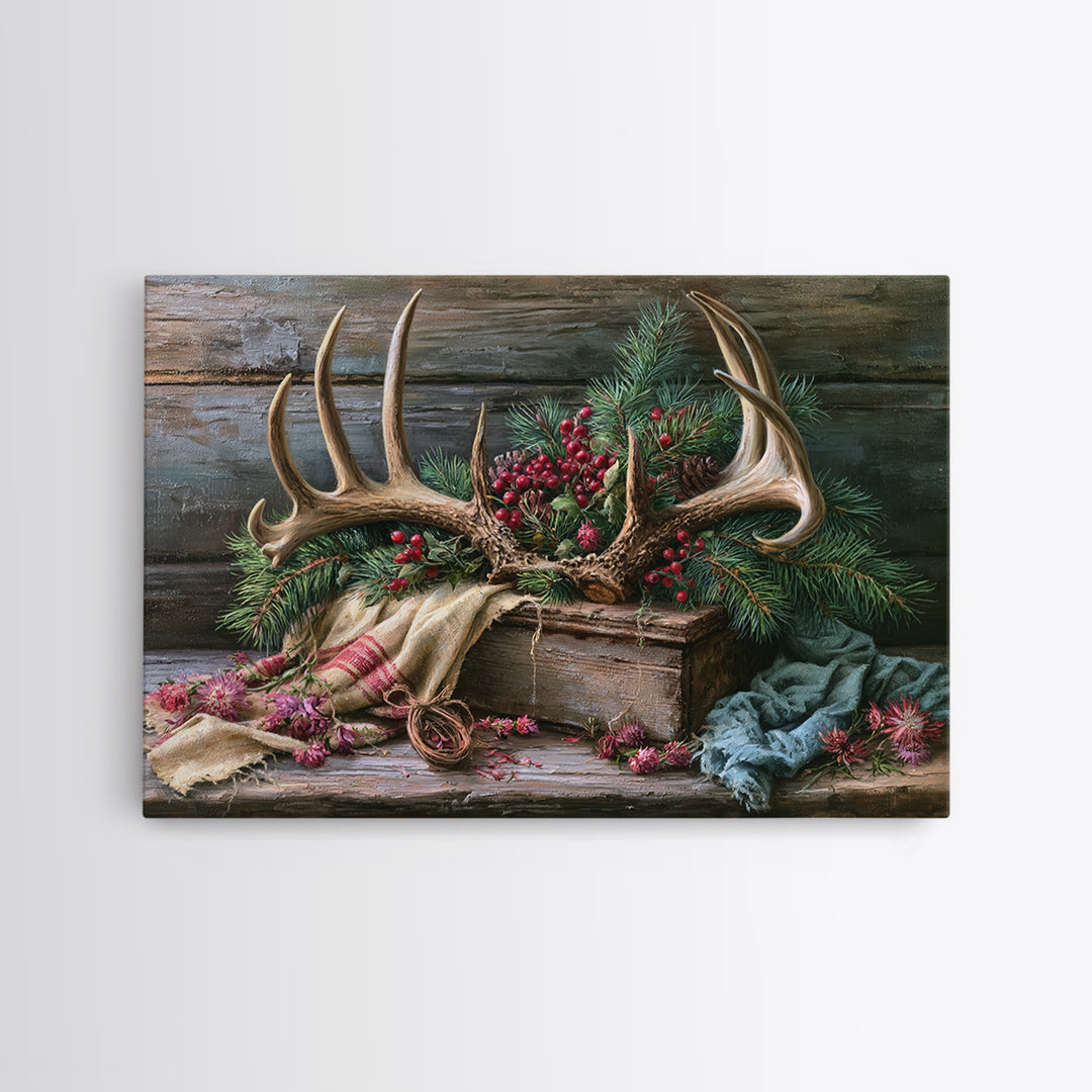 Deer Antlers with Pine Branches and Berries Canvas Print, Rustic Art, 3d Wall Art, Farmhouse Decor, Oil Painting, Rustic, RUS-3x2-54