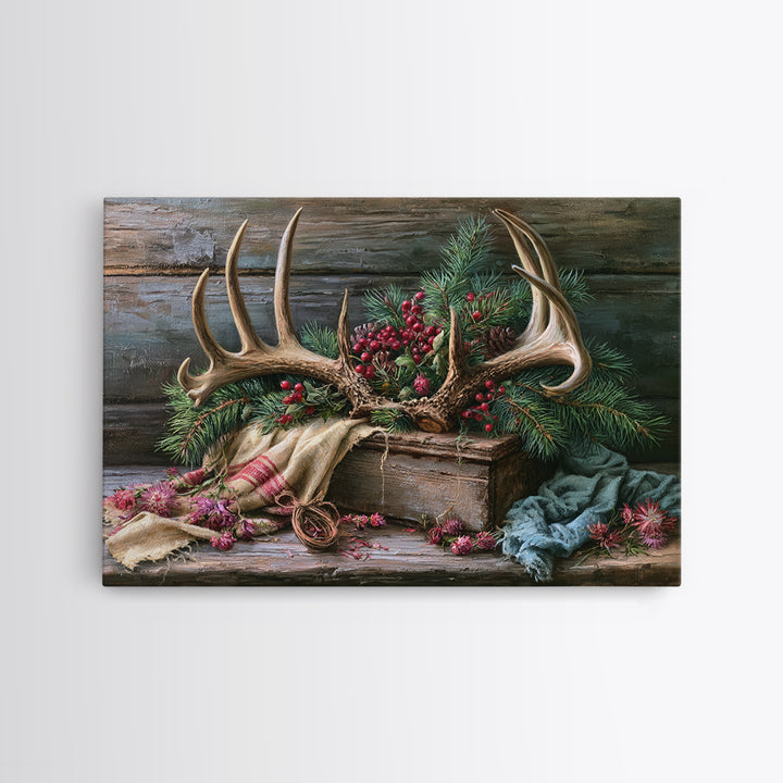 Deer Antlers with Pine Branches and Berries Canvas Print, Rustic Art, 3d Wall Art, Farmhouse Decor, Oil Painting, Rustic, RUS-3x2-54
