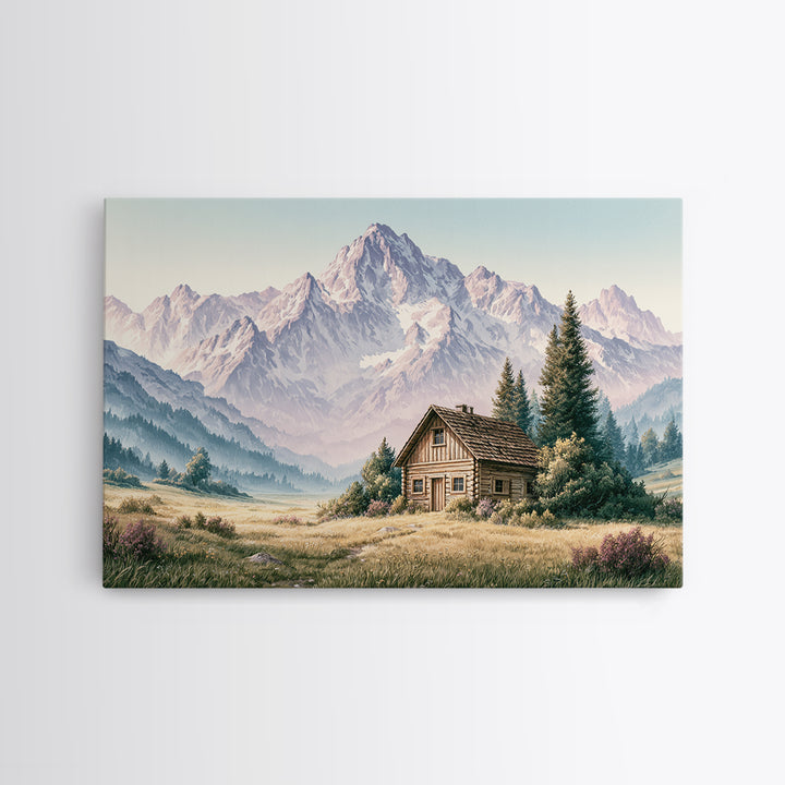 Mountain Cabin Landscape Framed Canvas Print, Rustic Art, Painting, Farmhouse Decor, Fine Art, Rustic, Boho Wall Art, RUS-3x2-55