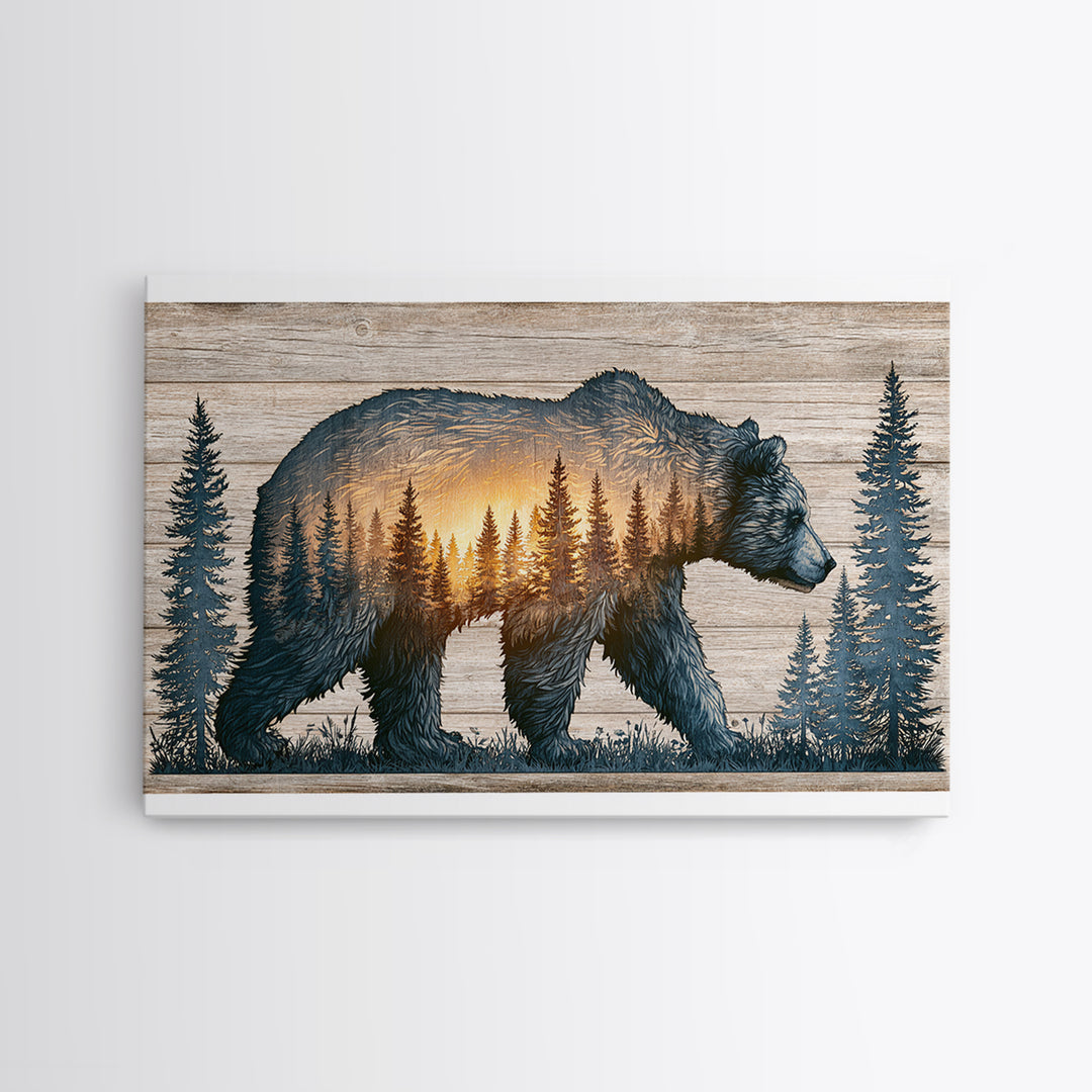 Bear Silhouette Among Pine Trees Framed Canvas Print, Rustic Art, Luxury Decor, Farmhouse Decor, Oil Painting, Rustic, RUS-3x2-59