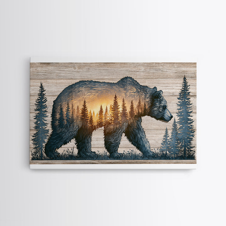 Bear Silhouette Among Pine Trees Framed Canvas Print, Rustic Art, Luxury Decor, Farmhouse Decor, Oil Painting, Rustic, RUS-3x2-59