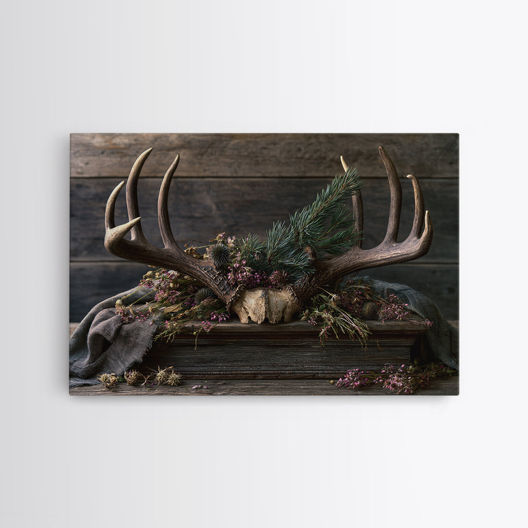 Deer Antlers with Pine Branches and Berries Framed Canvas Print, Rustic Art, Printable Art, Farmhouse Decor, Fine Art, Rustic, RUS-3x2-6