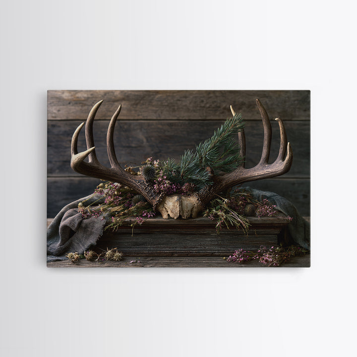 Deer Antlers with Pine Branches and Berries Framed Canvas Print, Rustic Art, Printable Art, Farmhouse Decor, Fine Art, Rustic, RUS-3x2-6