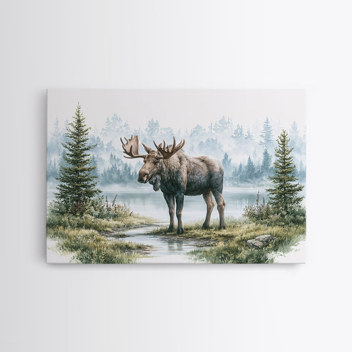 Moose Standing by a Quiet Lake Canvas Print, Rustic Art, Landscape Painting, Farmhouse Decor, Fine Art, Rustic, Modern Decor, RUS-3x2-61