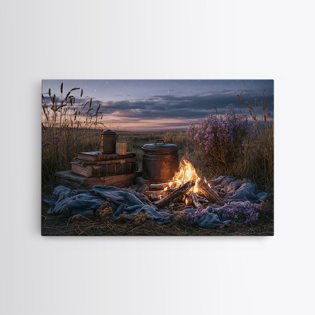 Campfire under a Starry Sky Canvas Print, Rustic Art, Farmhouse Decor, Fine Art, Rustic, Gallery Wall Art, Landscape Wall Art, RUS-3x2-62