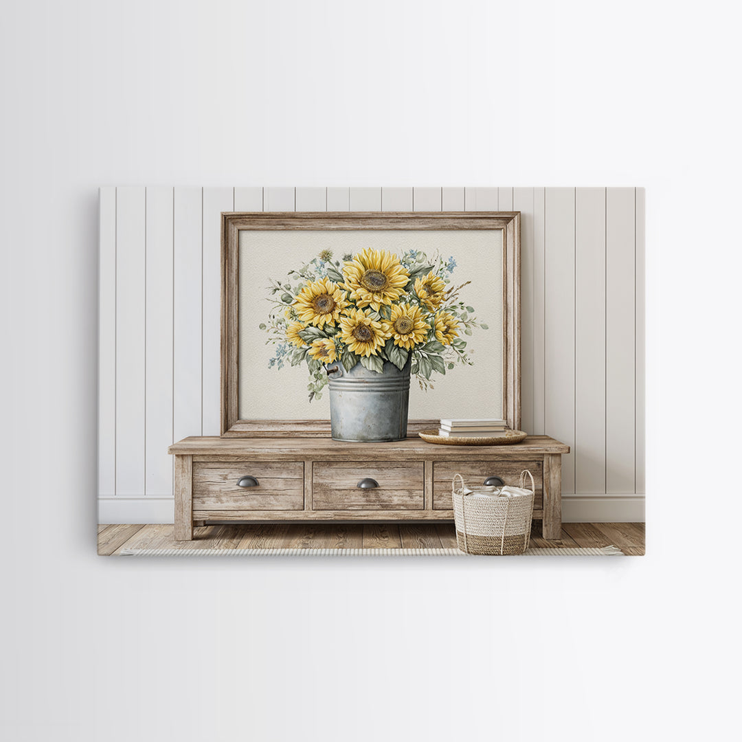 Sunflowers in a Metal Bucket Framed Canvas Print, Rustic Art, Gallery Decor, Farmhouse Decor, Fine Art, Rustic, RUS-3x2-64