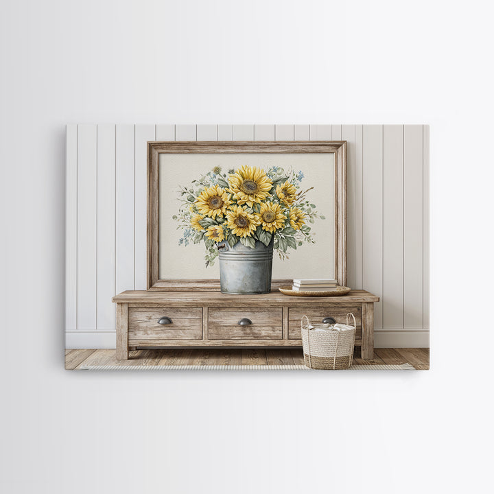 Sunflowers in a Metal Bucket Framed Canvas Print, Rustic Art, Gallery Decor, Farmhouse Decor, Fine Art, Rustic, RUS-3x2-64