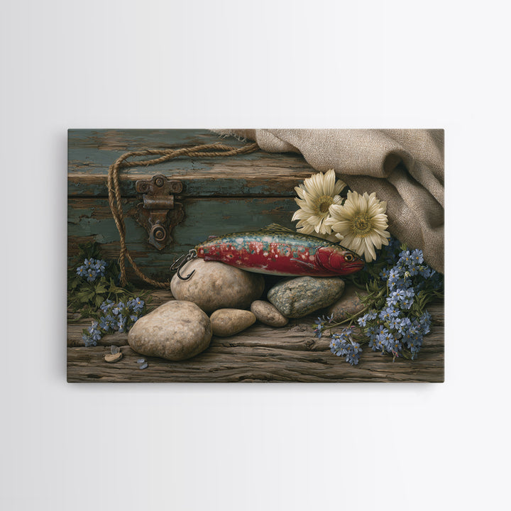 Trout Fishing Lure and River Stones Canvas Print, Rustic Art, Living Room Decor, Farmhouse Decor, Rustic, Landscape Wall Art, RUS-3x2-66