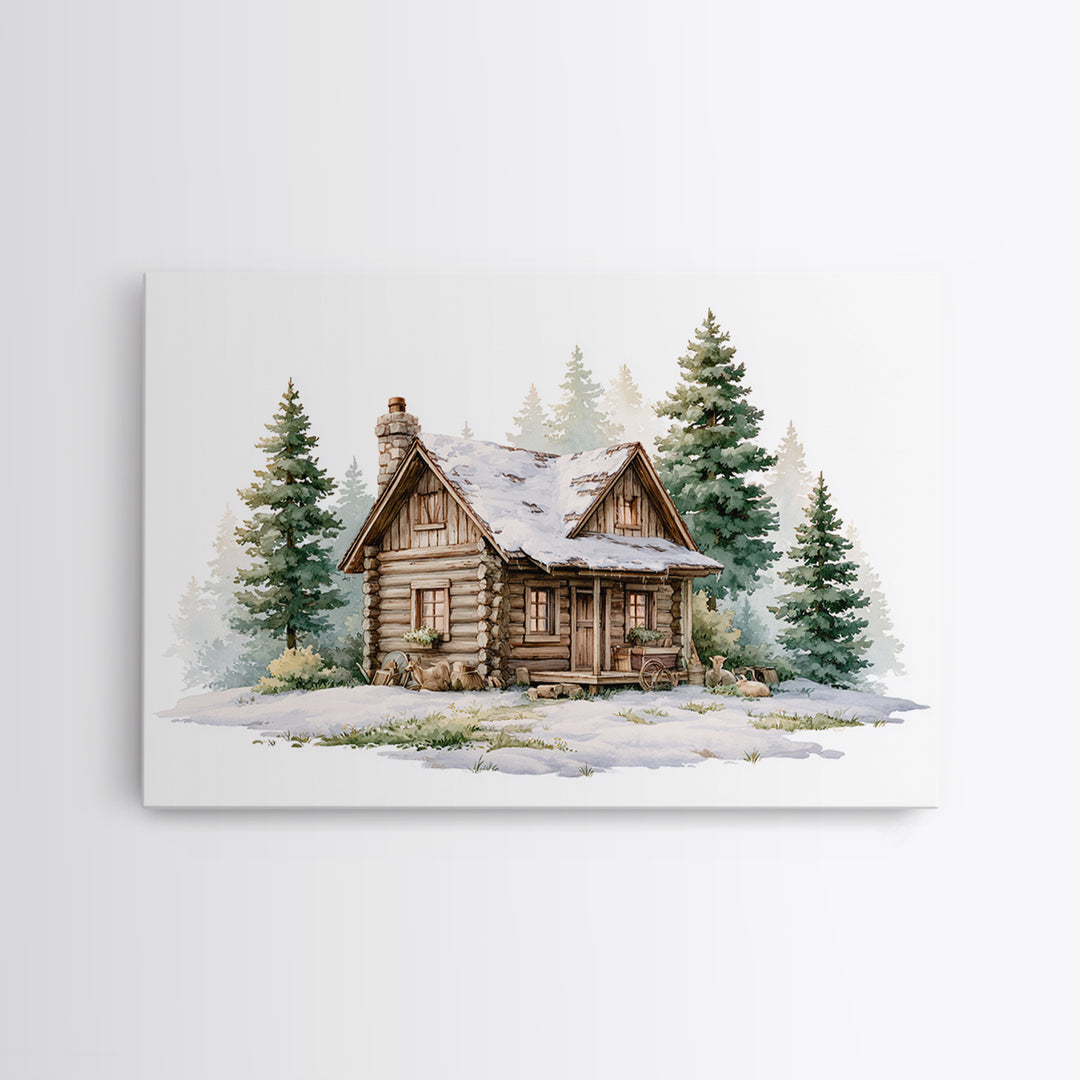 Log Cabin with Snowy Pines Canvas Print, Rustic Art, Textured Painting, Farmhouse Decor, Watercolor Art, Rustic, Digital Print, RUS-3x2-67