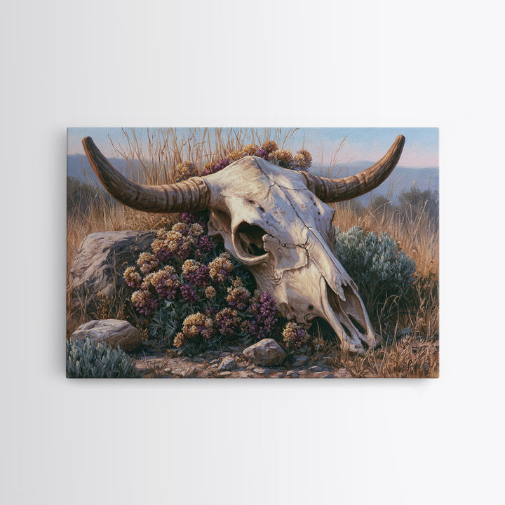 Cow Skull with Desert Flowers Framed Canvas Print, Rustic Art, Farmhouse Wall Art, Farmhouse Decor, Fine Art, Rustic, RUS-3x2-69