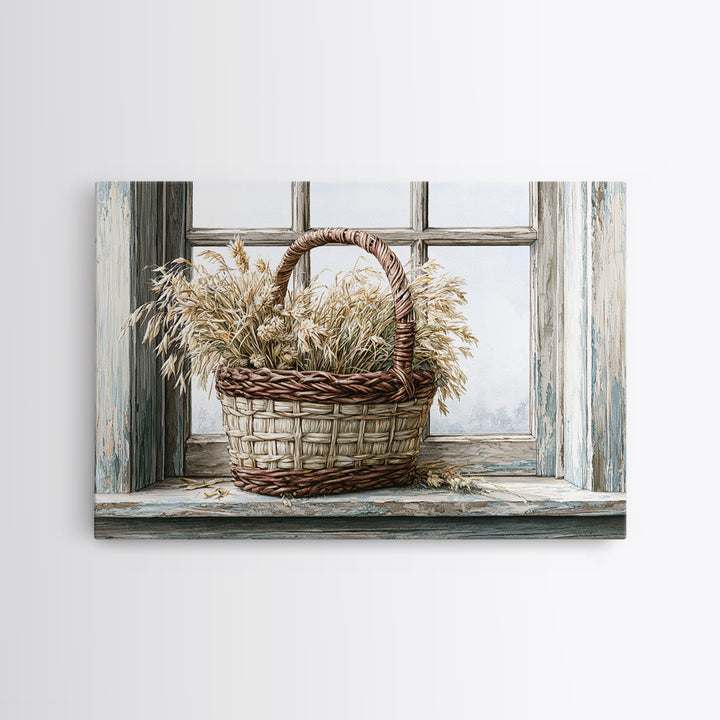 Handwoven Basket with Dried Grasses Canvas Print, Rustic Art, Downloadable Art, Farmhouse Decor, Watercolor Art, Rustic, RUS-3x2-76