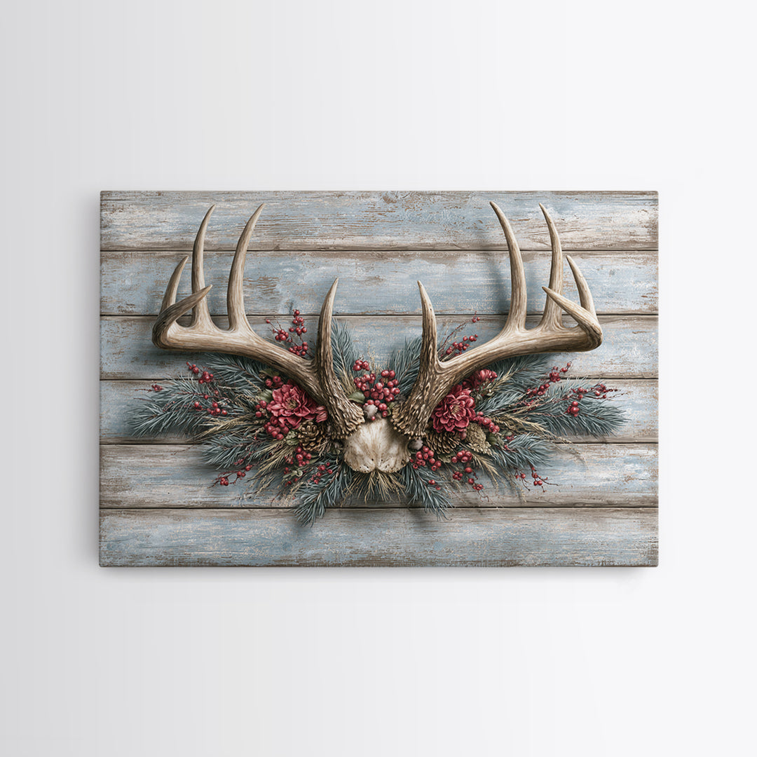 Deer Antlers with Pine Branches and Berries Framed Canvas Print, Rustic Art, Eclectic Wall Art, Farmhouse Decor, Watercolor Art, RUS-3x2-78