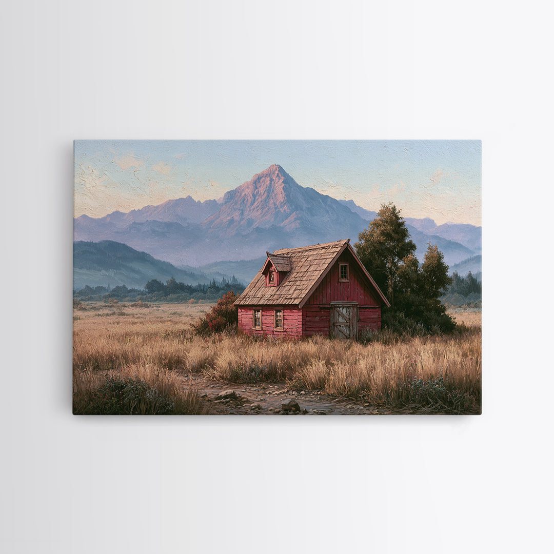 Mountain Cabin Landscape Framed Canvas Print, Rustic Art, Landscape Wall Art, Farmhouse Decor, Fine Art, Rustic, Luxury Decor, RUS-3x2-79