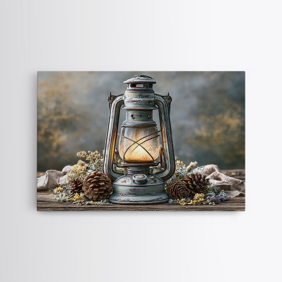 Rustic Lantern Glowing Beside Pinecones Framed Canvas Print, Rustic Art, Fine Art Print, Farmhouse Decor, Watercolor Art, RUS-3x2-80