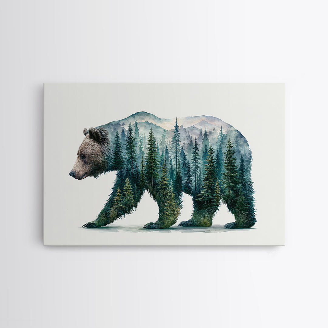 Bear Silhouette Among Pine Trees Canvas Print, Rustic Art, Wall Art, Farmhouse Decor, Fine Art, Rustic, Living Room Decor, RUS-3x2-83