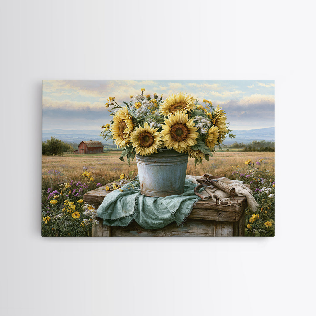 Sunflowers in a Metal Bucket Canvas Print, Rustic Art, Boho Decor, Farmhouse Decor, Oil Painting, Rustic, Digital Art, RUS-3x2-88