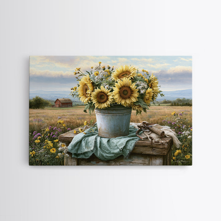 Sunflowers in a Metal Bucket Canvas Print, Rustic Art, Boho Decor, Farmhouse Decor, Oil Painting, Rustic, Digital Art, RUS-3x2-88
