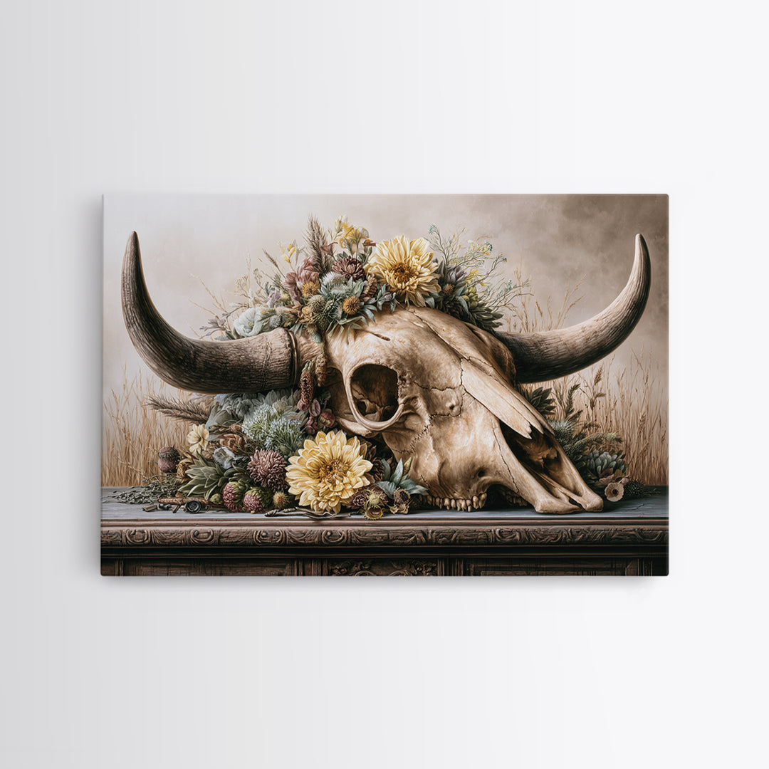 Cow Skull with Desert Flowers Canvas Print, Rustic Art, Living Room Art, Farmhouse Decor, Oil Painting, Rustic, RUS-3x2-93