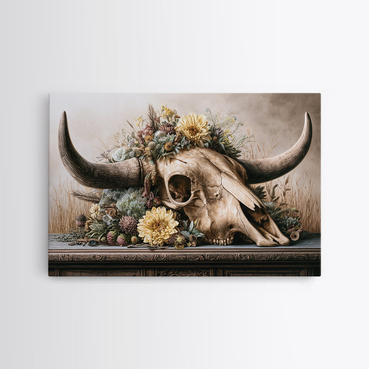 Cow Skull with Desert Flowers Canvas Print, Rustic Art, Living Room Art, Farmhouse Decor, Oil Painting, Rustic, RUS-3x2-93