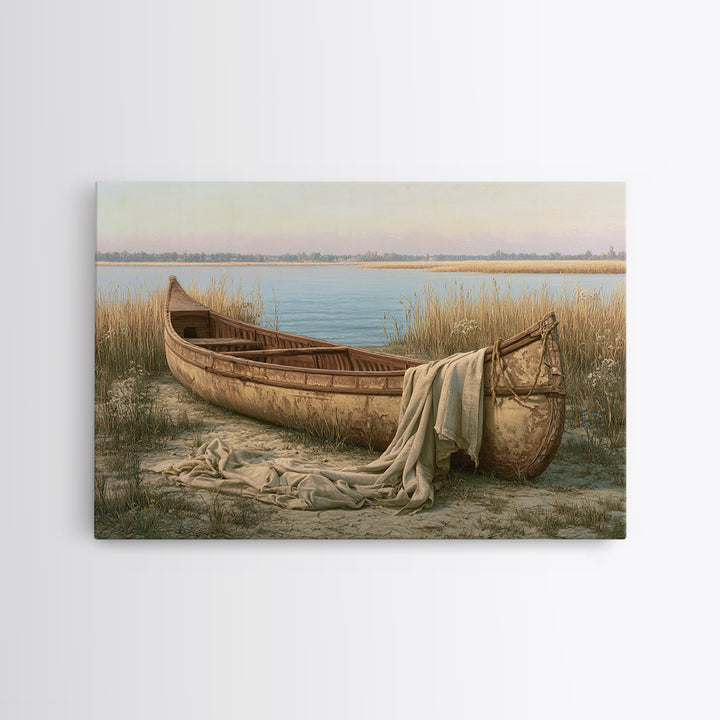 Old Canoe Pulled Onto a Lake Shore Framed Canvas Print, Rustic Art, Luxury Decor, Farmhouse Decor, Fine Art, Rustic, RUS-3x2-96