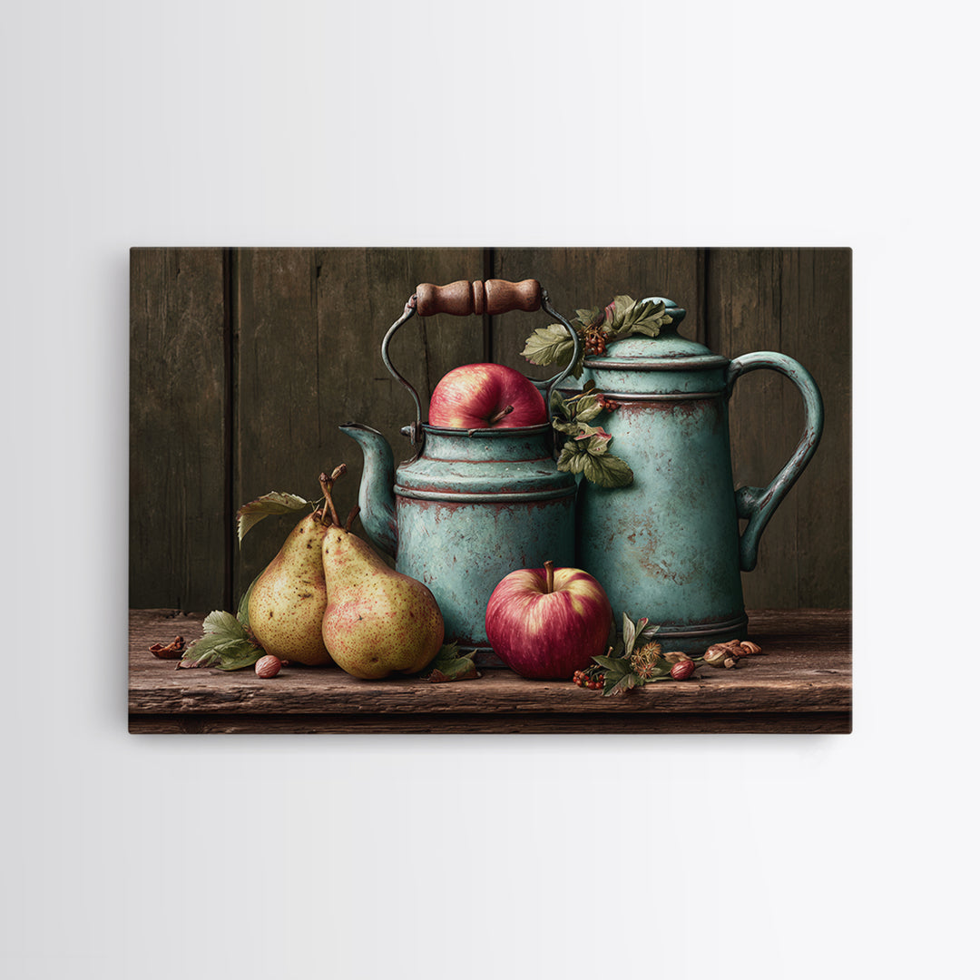 Rustic Pear and Apple Still Life Framed Canvas Print, Rustic Art, Gallery Wall Set, Farmhouse Decor, Watercolor Art, Rustic, RUS-3x2-97