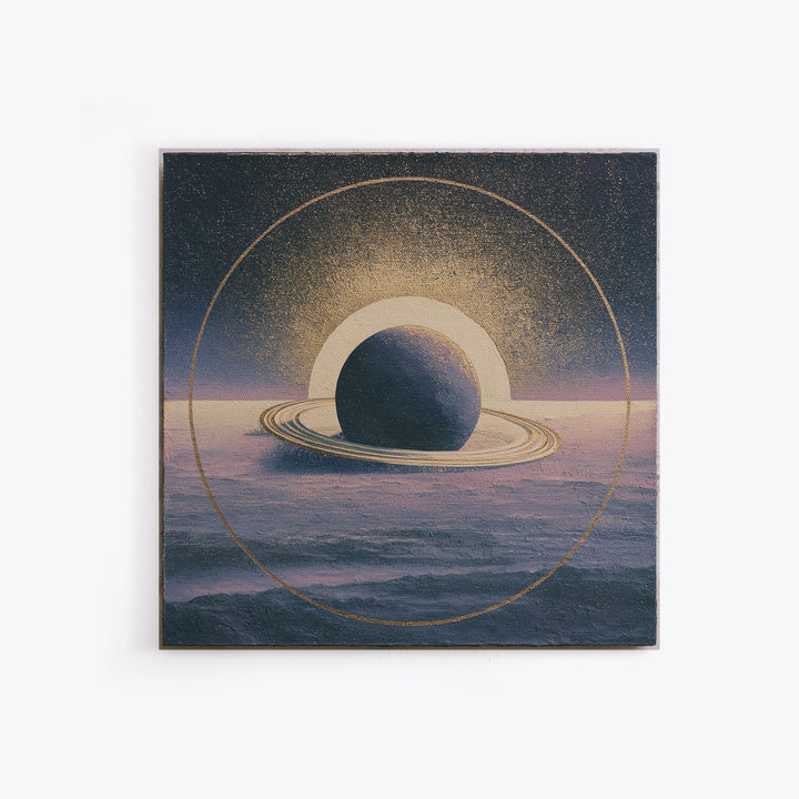 Ringed Planet Rising Framed Canvas Print, Space Art, Retro Wall Art, Spa Decor, Oil Painting, Serenity, Textured Painting, SAR-1x1-2