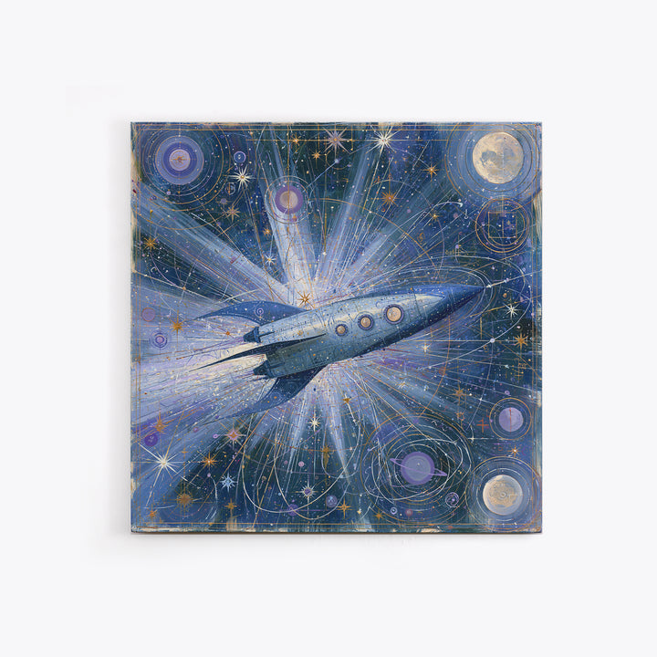 Rocket Ship Crossing a Retro Star Field Framed Canvas Print, Space Art, Fine Art Print, Spa Decor, Watercolor Art, Serenity, SAR-1x1-34