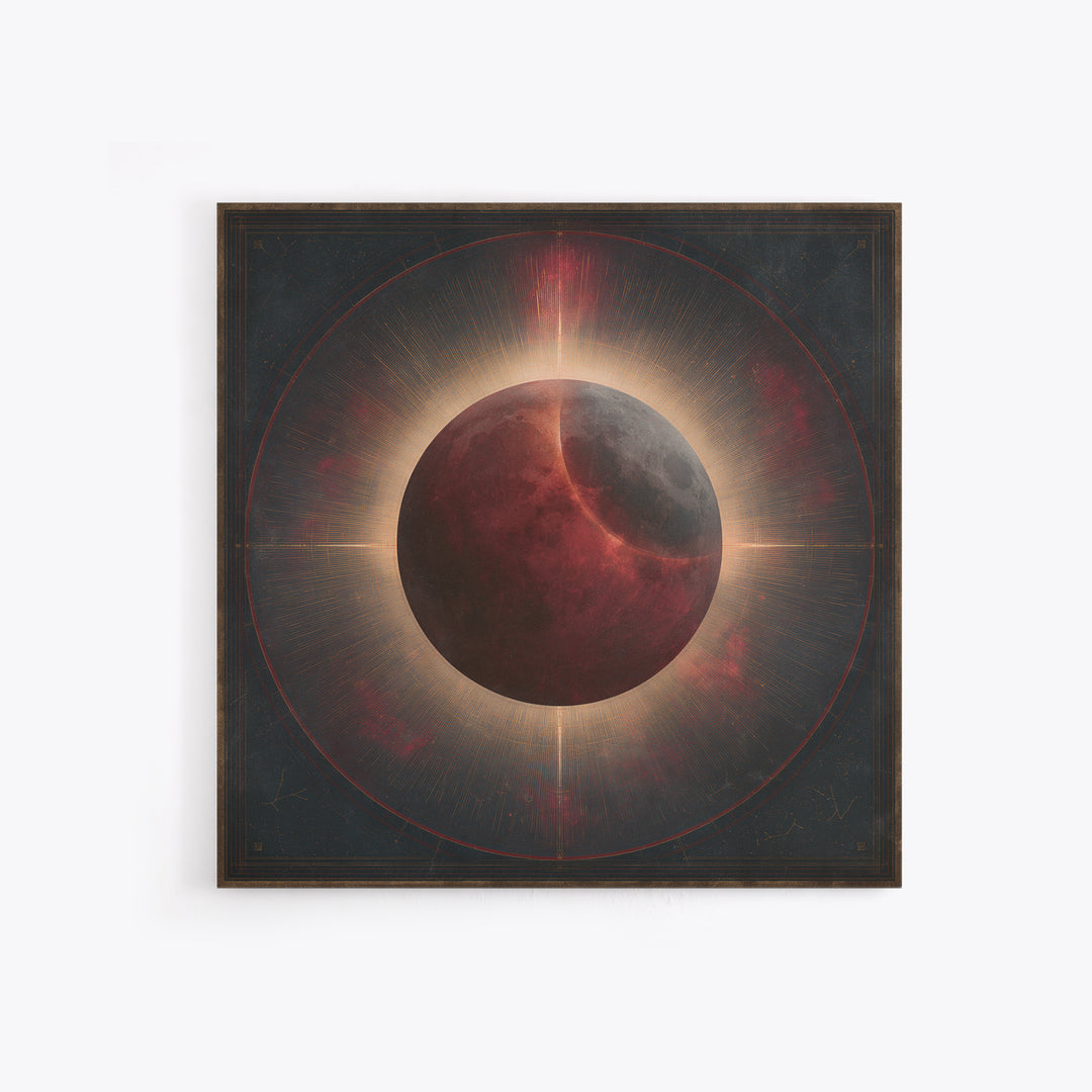 Lunar Eclipse in Deep Red Tones Framed Canvas Print, Space Art, Textured Painting, Spa Decor, Fine Art, Serenity, Art Prints, SAR-1x1-83